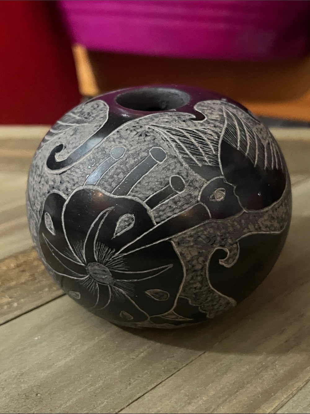 Round Etched Floral Sphere Vase in Black and Gray